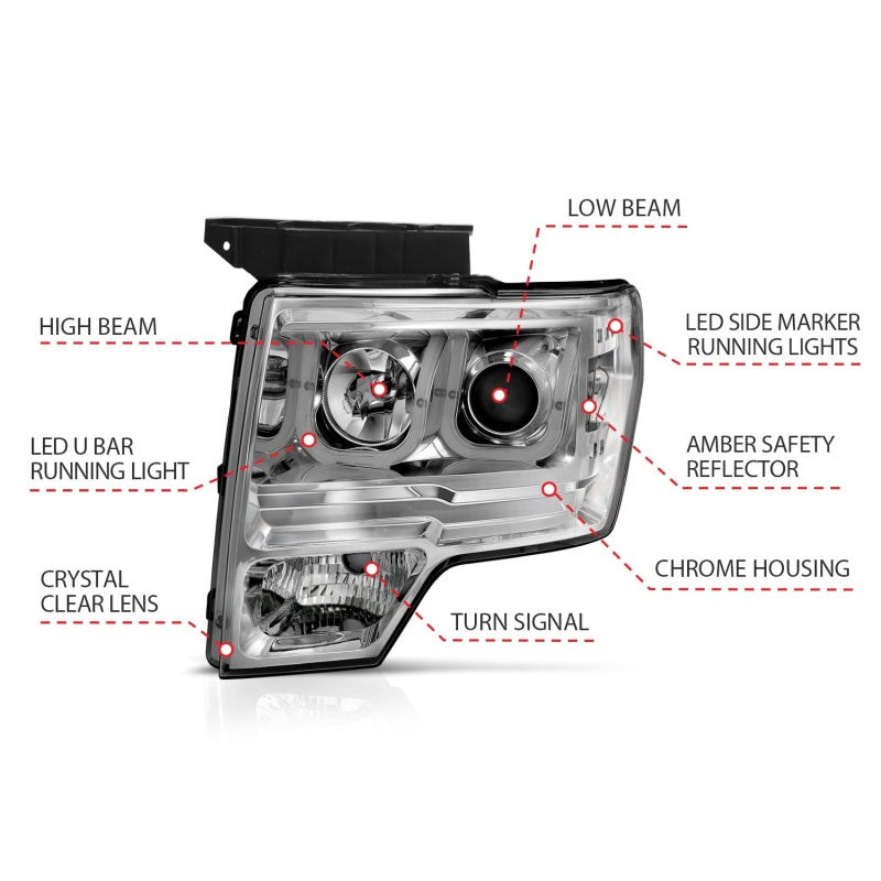 ANZO 2009-2014 Ford F-150 Projector Headlights w/ U-Bar Chrome Amber - 111352-C-Dub Tech
