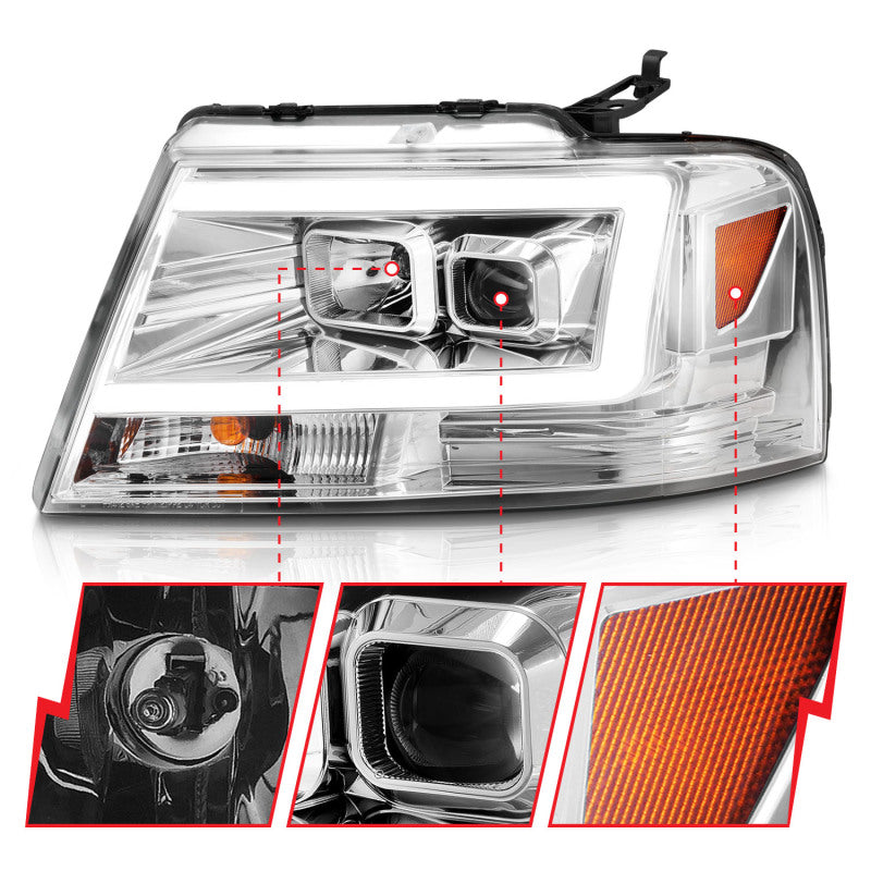 ANZO 2004-2008 Ford F-150 Projector Headlights w/ Light Bar Chrome - 111542-C-Dub Tech