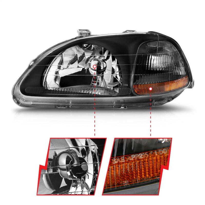 ANZO 1996-1998 Honda Civic Crystal Headlights Black - 121067-C-Dub Tech