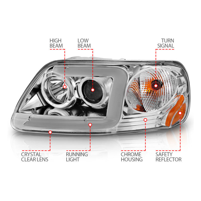ANZO 1997-2003 Ford F-150 Projector Headlights w/ Light Bar Chrome - 111504-C-Dub Tech