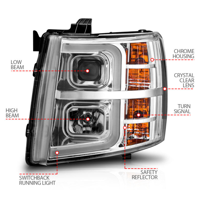 ANZO 2007-2013 Chevrolet Silverado 1500 Projector w/ Light Bar Chrome - 111546-C-Dub Tech