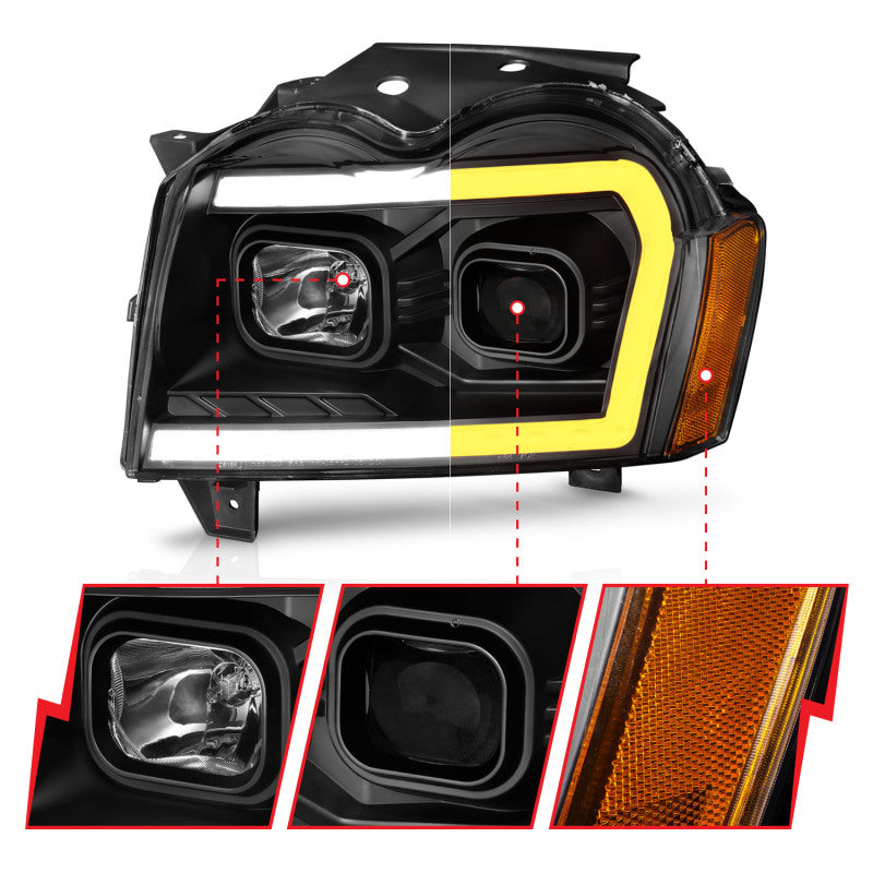 ANZO 2005-2007 Jeep Grand Cherokee Projector Headlights w/ Light Bar - 111543-C-Dub Tech