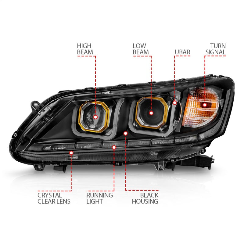ANZO 2013-2015 Honda Accord Projector Headlights w/ U-Bar Black - 121492-C-Dub Tech