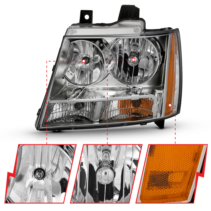 ANZO 2007-2014 Chevy TahOE Crystal Headlight Chrome Amber(OE) - 111475-C-Dub Tech