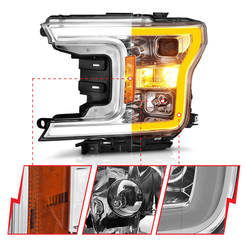 ANZO 2018-2020 Ford F-150 Projector Headlight w/Plank Style Switchback Chrome - 111510-C-Dub Tech