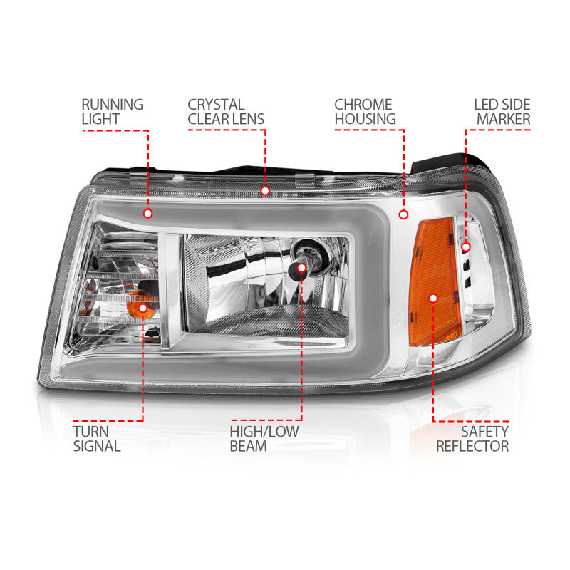 ANZO 2001-2011 Ford Ranger Crystal Headlights w/ Light Bar Chrome - 111512-C-Dub Tech
