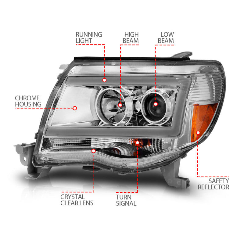 ANZO 2005-2011 Toyota Tacoma Projector Headlights w/ Light Bar Chrome - 111518-C-Dub Tech