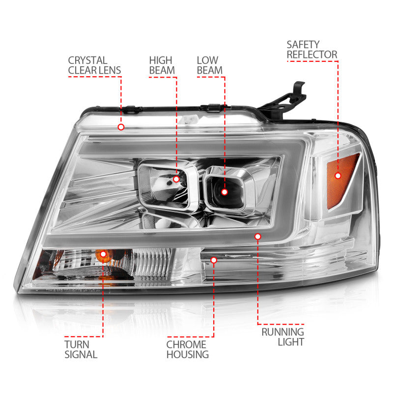 ANZO 2004-2008 Ford F-150 Projector Headlights w/ Light Bar Chrome - 111542-C-Dub Tech