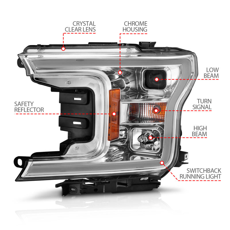 ANZO 2018-2020 Ford F-150 Projector Headlight w/Plank Style Switchback Chrome - 111510-C-Dub Tech