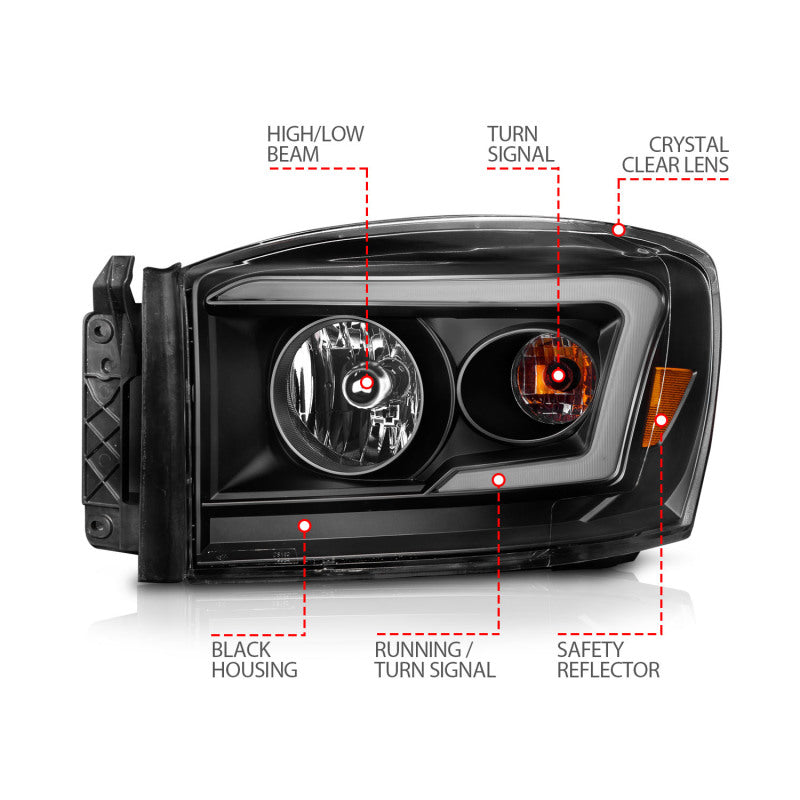 Anzo 06-09 Dodge RAM 1500/2500/3500 Headlights Black Housing/Clear Lens (w/Switchback - 111526-C-Dub Tech