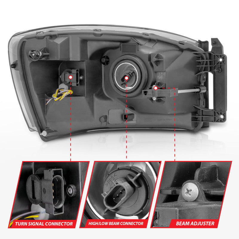 Anzo 06-09 Dodge RAM 1500/2500/3500 Headlights Black Housing/Clear Lens (w/Switchback - 111526-C-Dub Tech