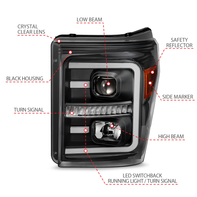 ANZO 2011-2016 Ford F250 Projector Headlights w/ Plank Style Switchback - 111406-C-Dub Tech