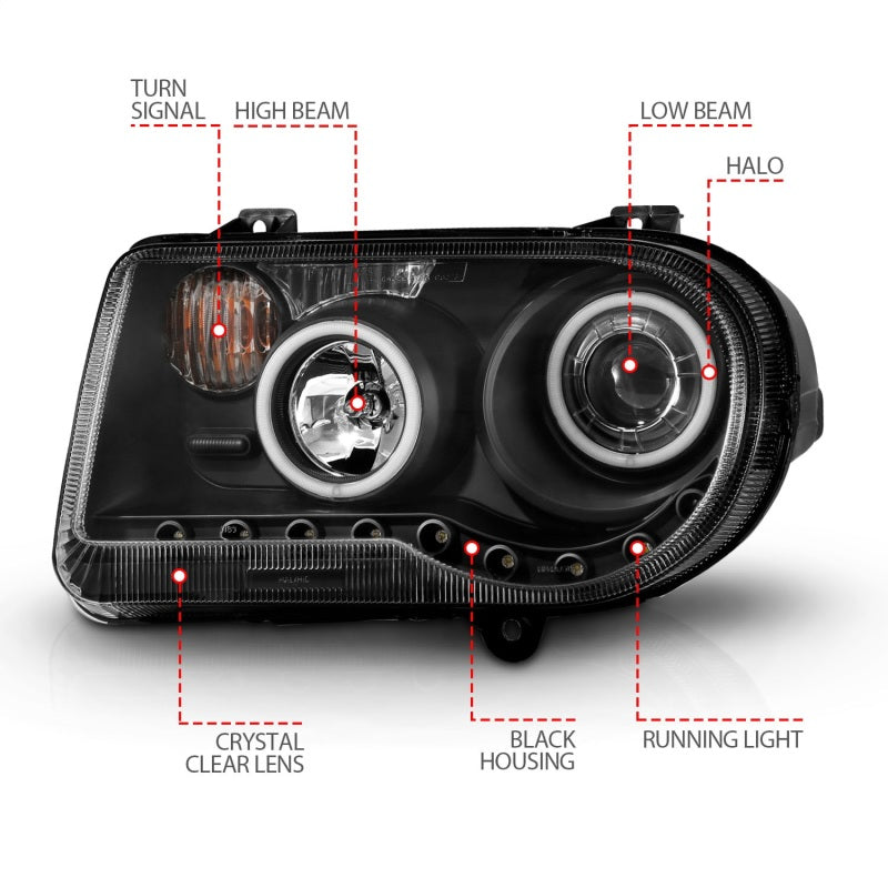 ANZO 2005-2010 Chrysler 300C Projector Headlights w/ Halo Black (CCFL) - 121251-C-Dub Tech