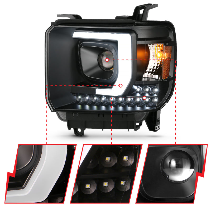 ANZO 2014-2015 Gmc Sierra 1500HD Projector Plank Style Headlight Black - 111450-C-Dub Tech