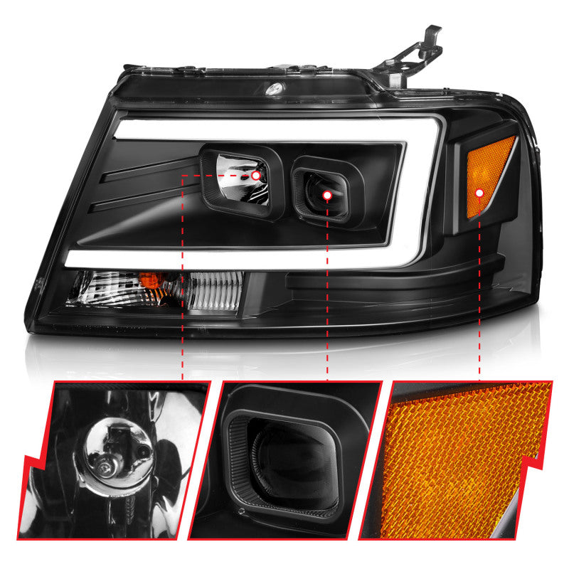 ANZO 2004-2008 Ford F-150 Projector Headlights w/ Light Bar Black - 111541-C-Dub Tech