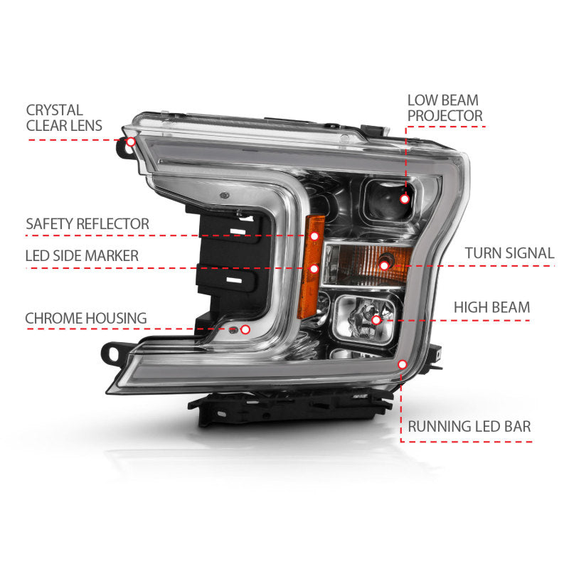 ANZO 2018-2019 Ford F-150 Projector Plank Style H.L. Chrome Amber - 111468-C-Dub Tech