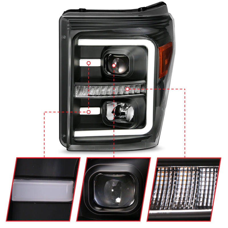 ANZO 2011-2016 Ford F250 Projector Headlights w/ Plank Style Switchback - 111406-C-Dub Tech