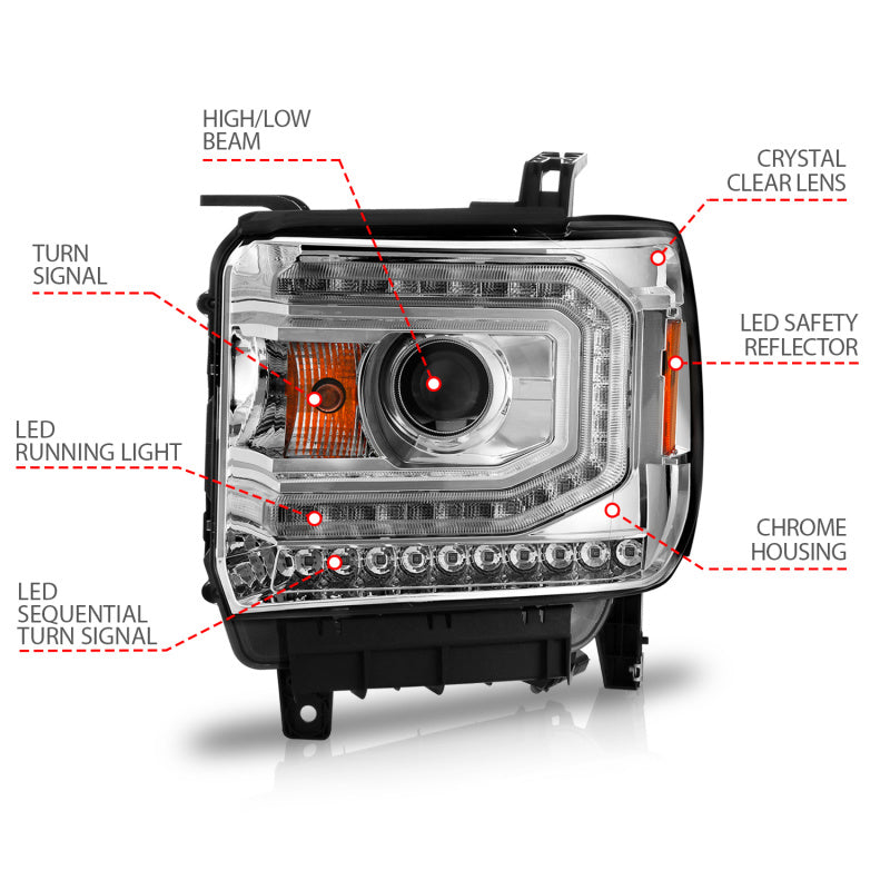 ANZO 2014-2015 Gmc Sierra 1500 Projector Headlights w/ Light Bar - 111514-C-Dub Tech