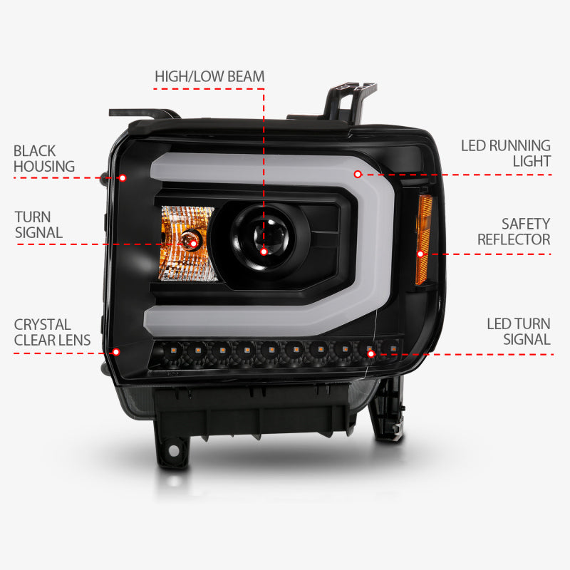 ANZO 2014-2015 GMC Sierra 1500 Projector Headlights w/ Light Bar - 111513-C-Dub Tech