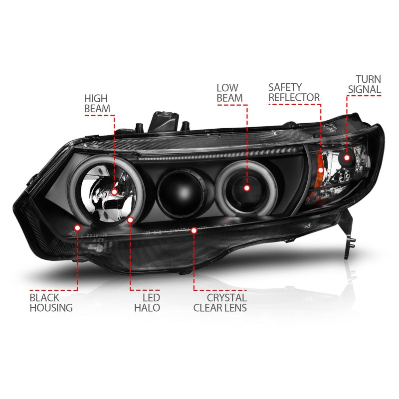 ANZO 2006-2011 Honda Civic Projector Headlights w/ Halo Black (CCFL) - 121062-C-Dub Tech