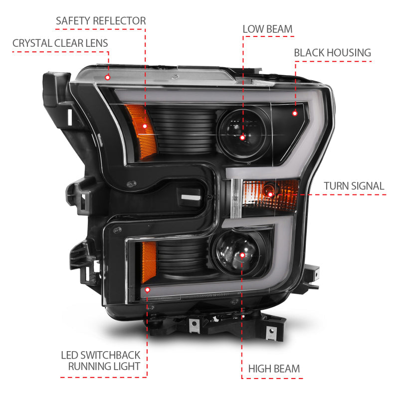 ANZO 2015-2017 Ford F-150 Projector Headlights w/ Plank Style Switchback - 111357-C-Dub Tech