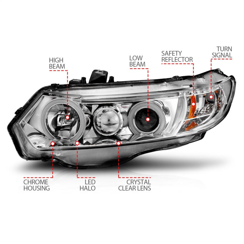 ANZO 2006-2011 Honda Civic Projector Headlights w/ Halo Chrome (CCFL) - 121061-C-Dub Tech