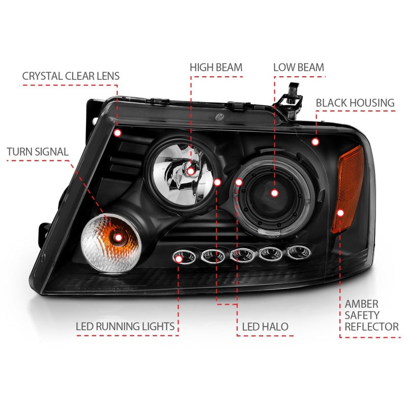 ANZO 2004-2008 Ford F-150 Projector Headlights w/ Halo and LED - 111028-C-Dub Tech