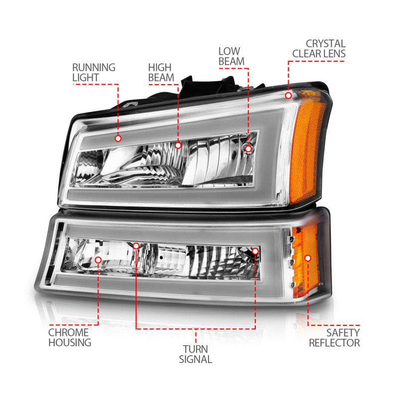 ANZO 2003-2006 Chevrolet Silverado 1500 Crystal Headlights w/ Light Bar - 111502-C-Dub Tech