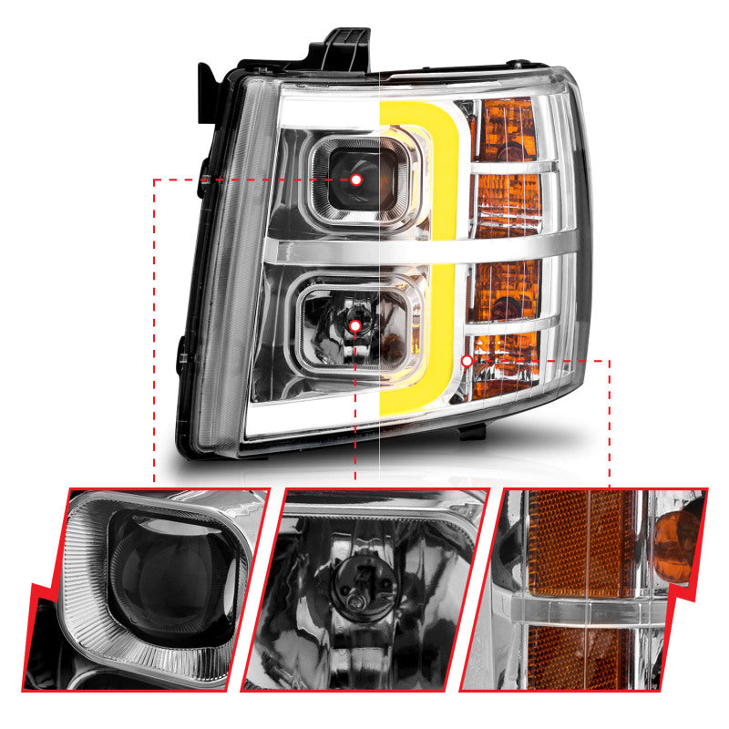 ANZO 2007-2013 Chevrolet Silverado 1500 Projector w/ Light Bar Chrome - 111546-C-Dub Tech