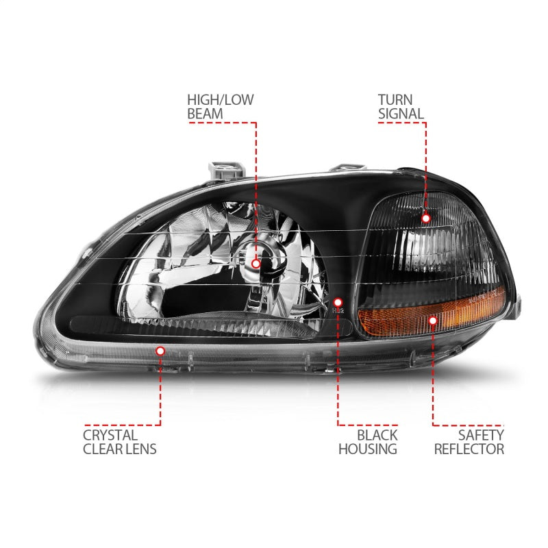 ANZO 1996-1998 Honda Civic Crystal Headlights Black - 121067-C-Dub Tech
