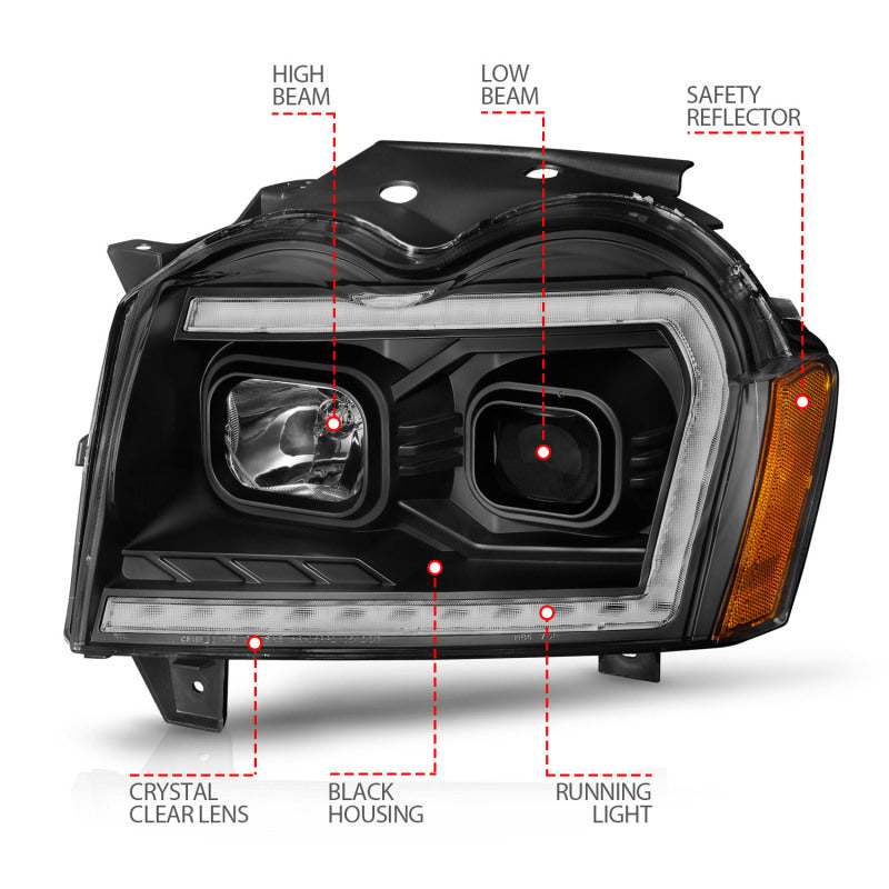 ANZO 2005-2007 Jeep Grand Cherokee Projector Headlights w/ Light Bar - 111543-C-Dub Tech