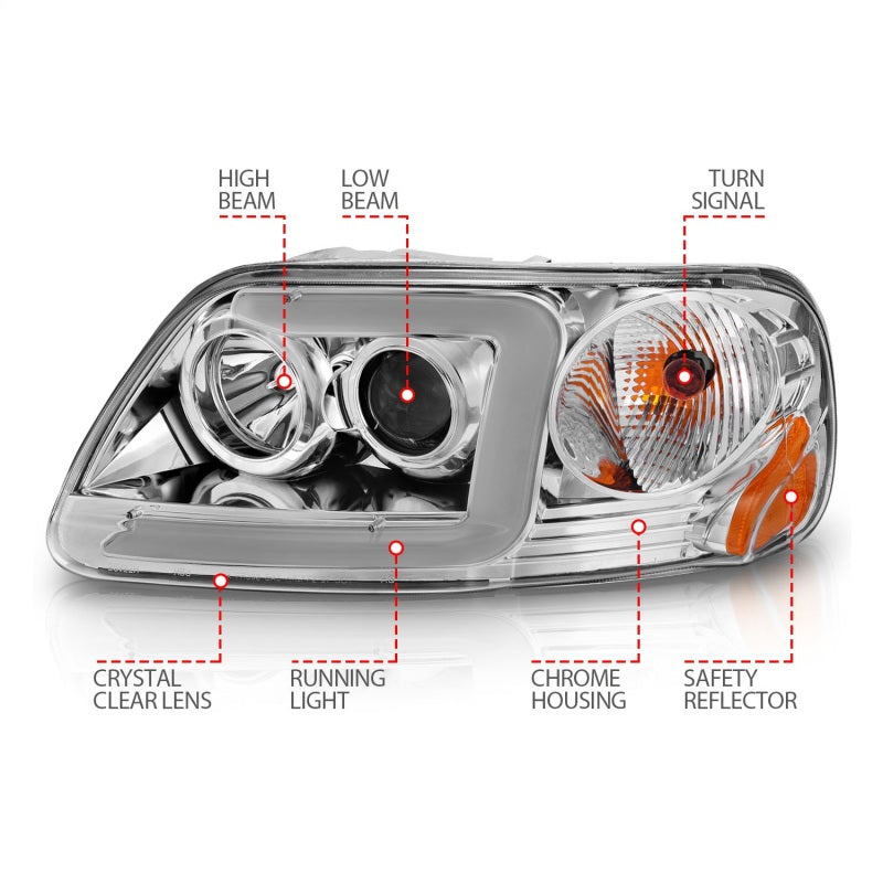 ANZO 1997-2003 Ford F-150 Projector Headlights w/ Light Bar Chrome - 111504-C-Dub Tech