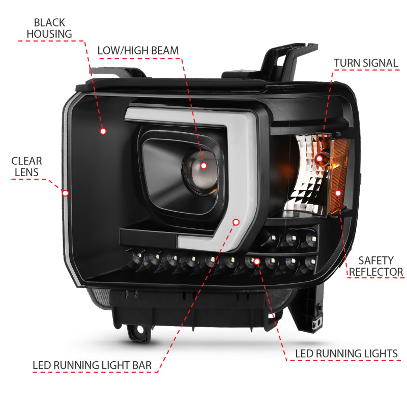 ANZO 2014-2015 Gmc Sierra 1500HD Projector Plank Style Headlight Black - 111450-C-Dub Tech