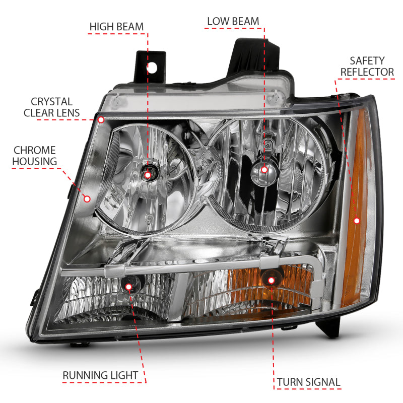 ANZO 2007-2014 Chevy TahOE Crystal Headlight Chrome Amber(OE) - 111475-C-Dub Tech