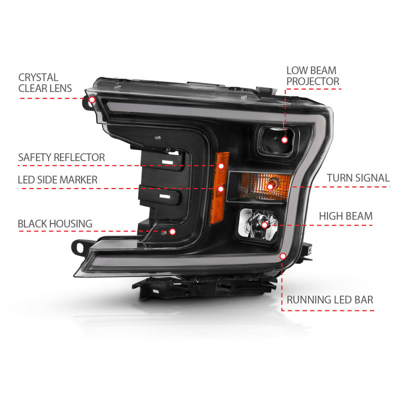 ANZO 2018-2019 Ford F-150 Projector Plank Style H.L. Black Amber - 111467-C-Dub Tech