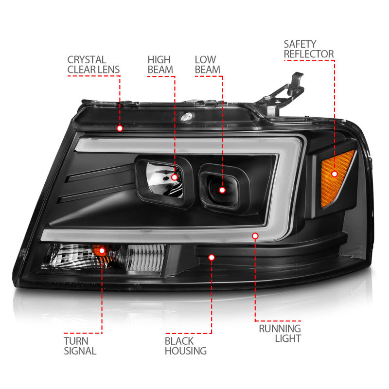 ANZO 2004-2008 Ford F-150 Projector Headlights w/ Light Bar Black - 111541-C-Dub Tech