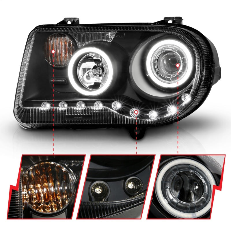 ANZO 2005-2010 Chrysler 300C Projector Headlights w/ Halo Black (CCFL) - 121251-C-Dub Tech