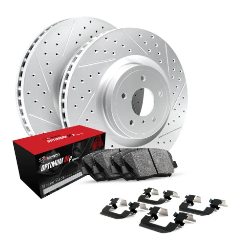 R1 Geo-Carbon Drilled & Slotted Rotors with OPTIMUM OEp Pads and Hardware