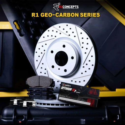 R1 Geo-Carbon Drilled & Slotted Rotors with OPTIMUM OEp Pads and Hardware