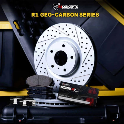 R1 Geo-Carbon Drilled & Slotted Rotors with OPTIMUM OEp Pads and Hardware
