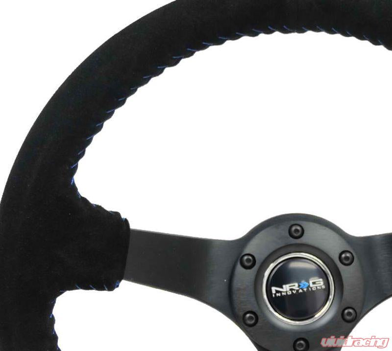 NRG Reinforced Sport Steering Wheel 350mm 3 Inch Deep 5mm Matte Black Spoke Black Suede Blue Baseball Stitching