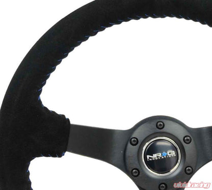 NRG Reinforced Sport Steering Wheel 350mm 3 Inch Deep 5mm Matte Black Spoke Black Suede Blue Baseball Stitching