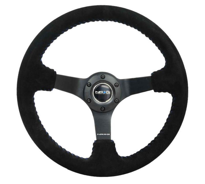 NRG Reinforced Sport Steering Wheel 350mm 3 Inch Deep 5mm Matte Black Spoke Black Suede Blue Baseball Stitching