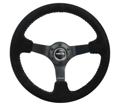 NRG Reinforced Sport Steering Wheel 350mm 3 Inch Deep 5mm Matte Black Spoke Black Suede Blue Baseball Stitching