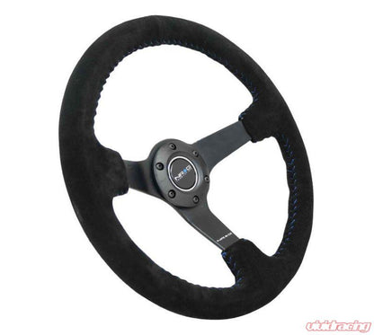 NRG Reinforced Sport Steering Wheel 350mm 3 Inch Deep 5mm Matte Black Spoke Black Suede Blue Baseball Stitching