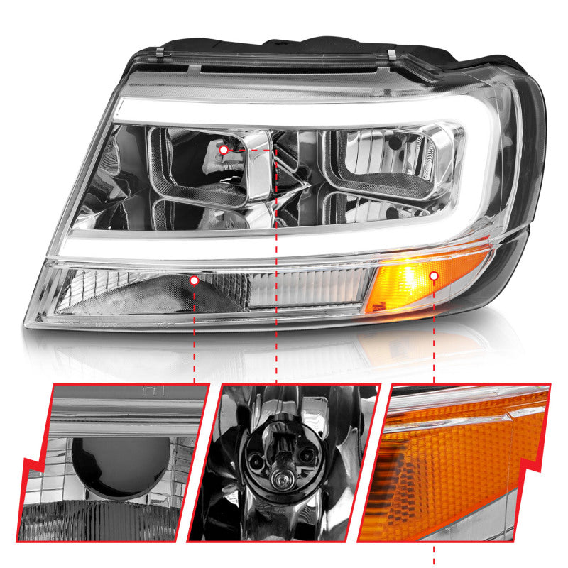 ANZO 1999-2004 Jeep Grand Cherokee Crystal Headlights w/ Light Bar - 111538-C-Dub Tech