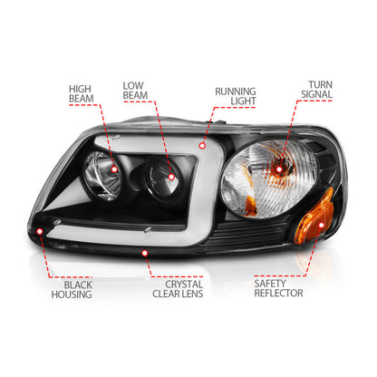 ANZO 1997-2003 Ford F-150 Projector Headlights w/ Light Bar Black - 111503