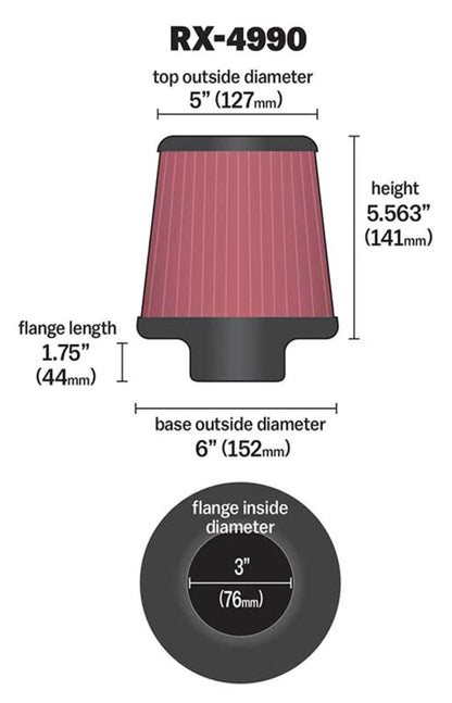 K&N Filter Universal X Stream Clamp-On 3 inch Flange 6 - RX-4990