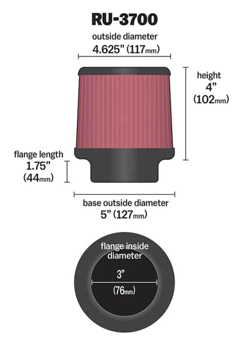 K&N Univeral Rubber Filter Round Tapered 4.625in Top OD x - RU-3700