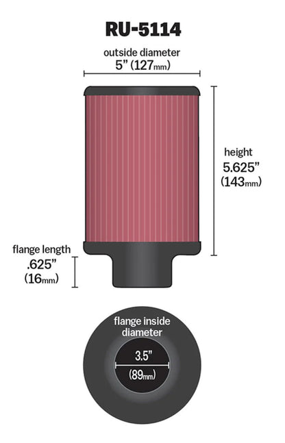 K&N Filter Universal Rubber Filter 3.5in Flange ID x 5in - RU-5114